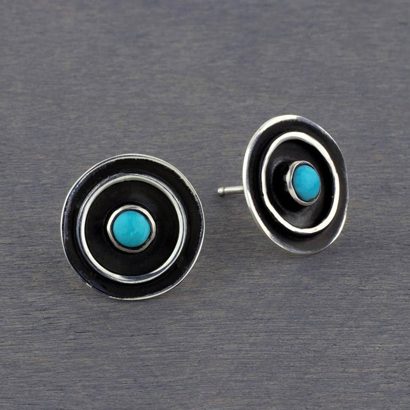 turquoise and black silver round tribal stud earrings
