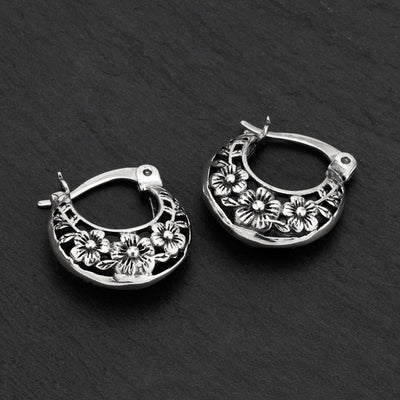 vintage silver small floral creole hoop earrings