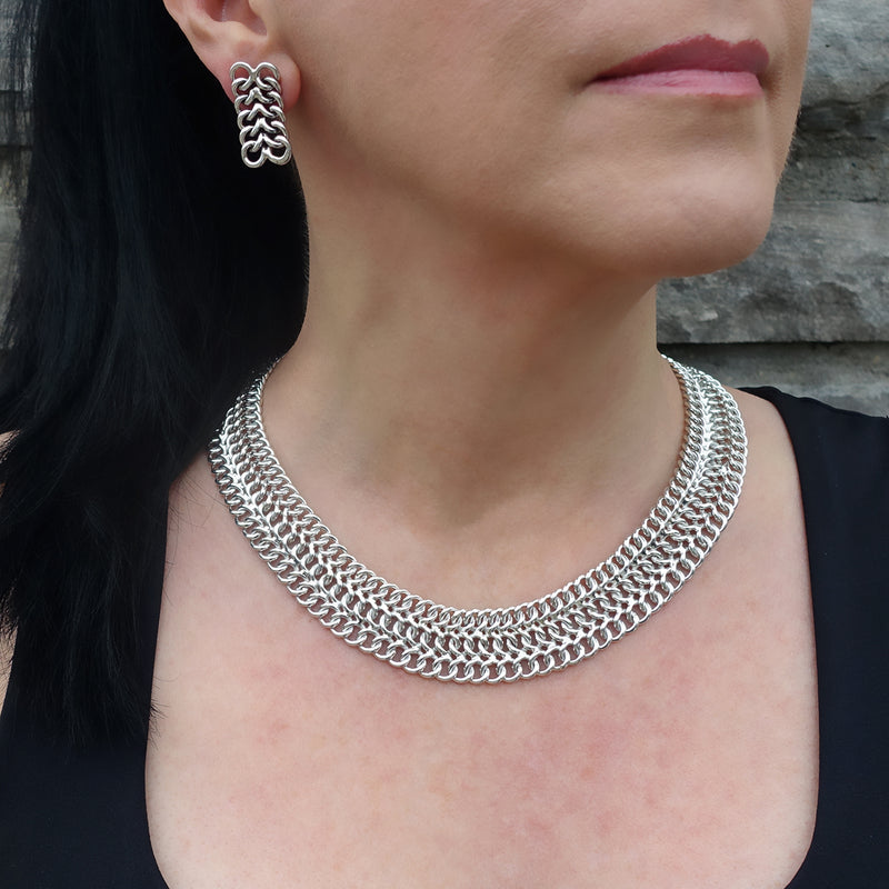 chunky Mexican silver mesh chain necklace set