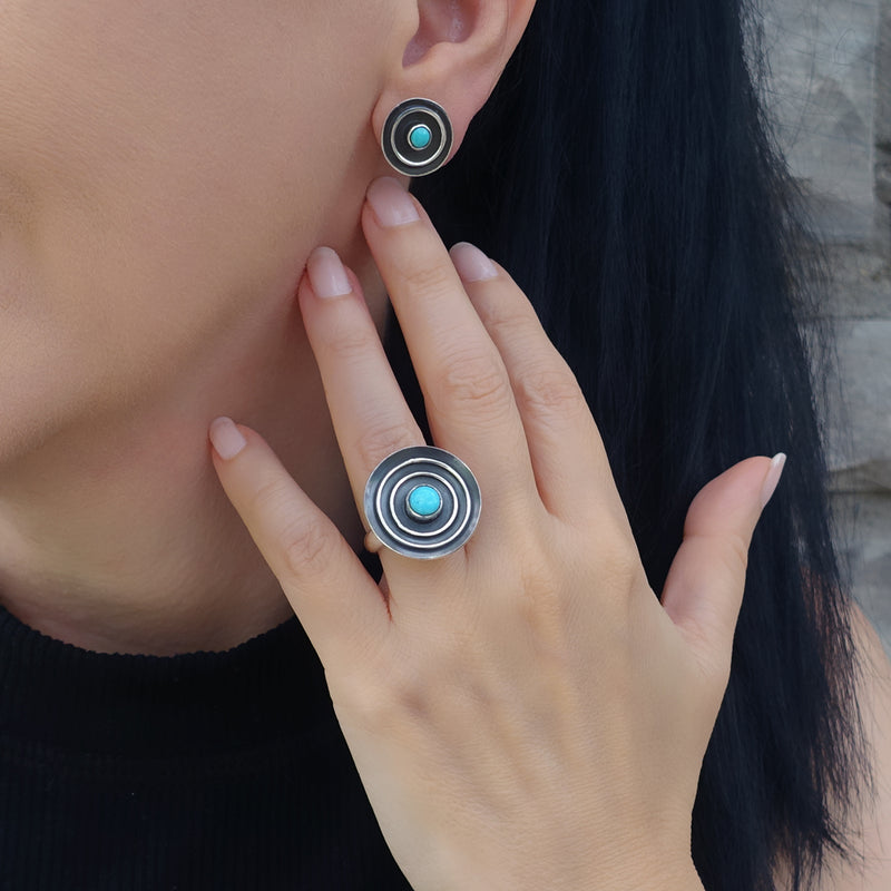 turquoise and oxidized silver artisan circle ring