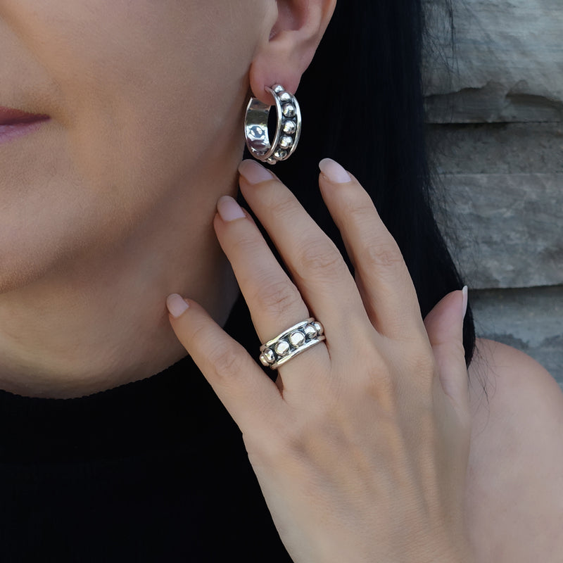 Taxco vintage silver beaded hoop earrings