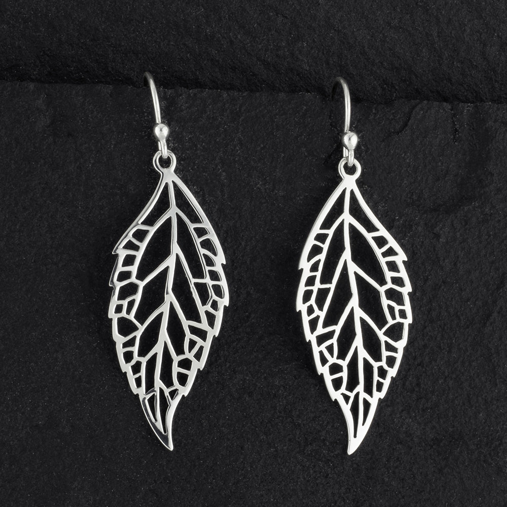 sterling silver cut out leaf drop earrings