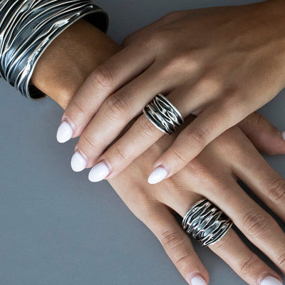 Corrugated Mexican Silver Wide Band Ring