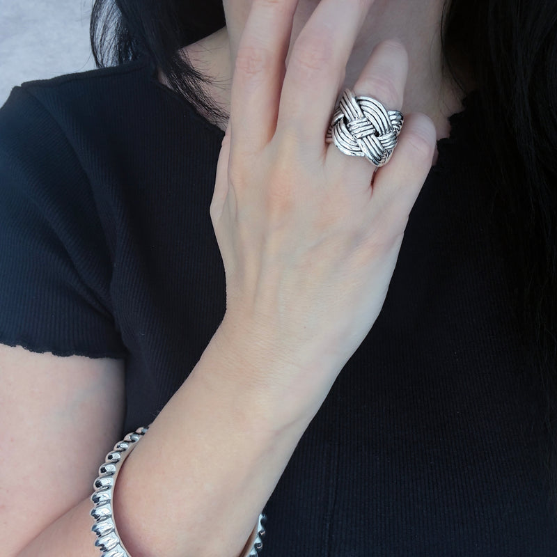 woven sterling silver wide band ring