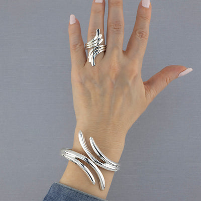 Sterling Silver Nature Inspired Hinged Statement Bracelet