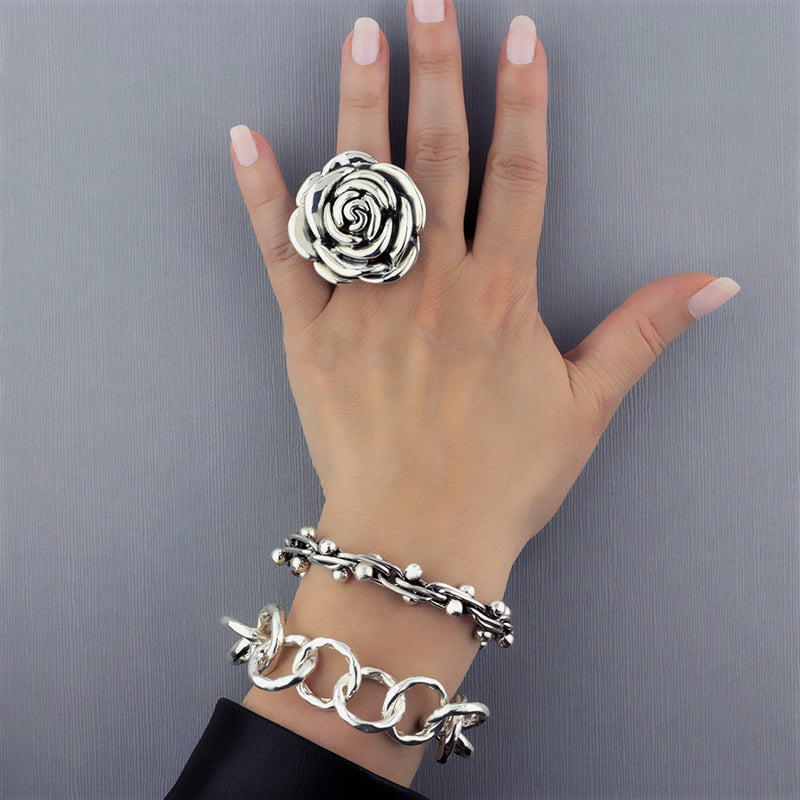 chunky Mexican silver rose statement ring