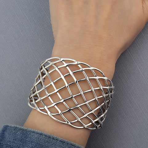 large wide sterling silver lattice woven cuff bracelet