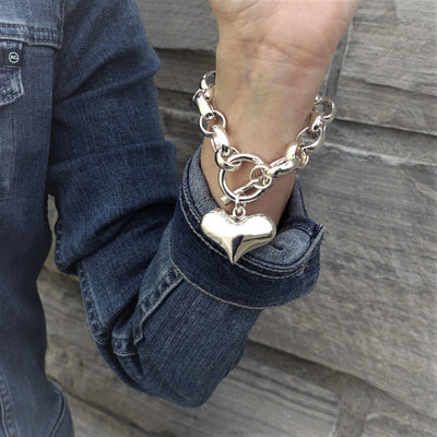 Chunky Sterling Silver Puffy Heart Charm Bracelet