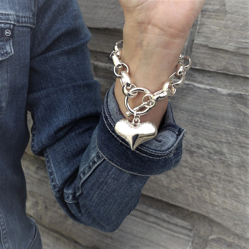 chunky sterling silver heart charm toggle bracelet