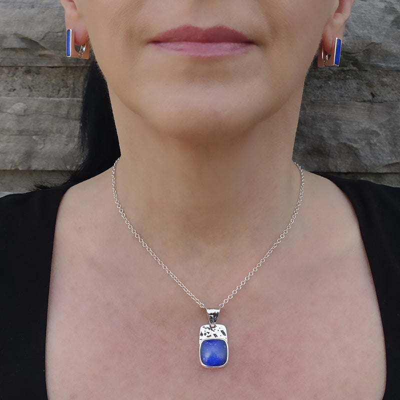 square hammered silver and lapis lazuli pendant necklace