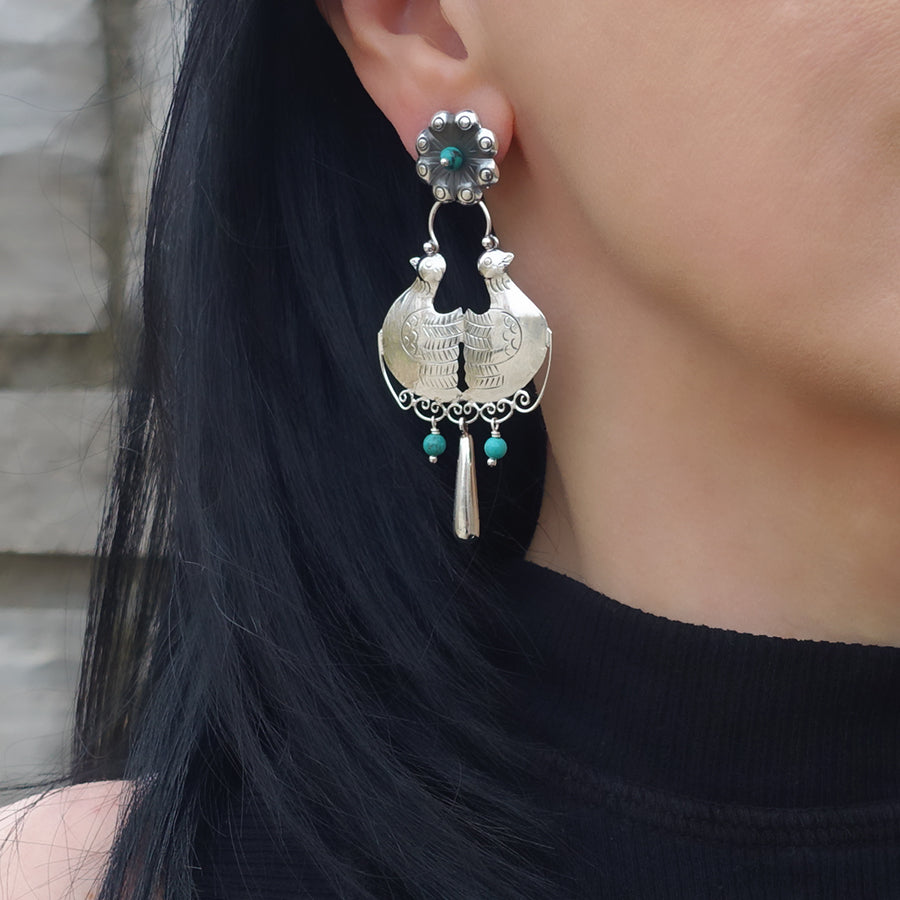 Large Mexican Silver and Turquoise Bird Earrings