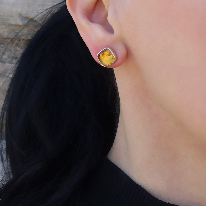 square genuine amber stud earrings