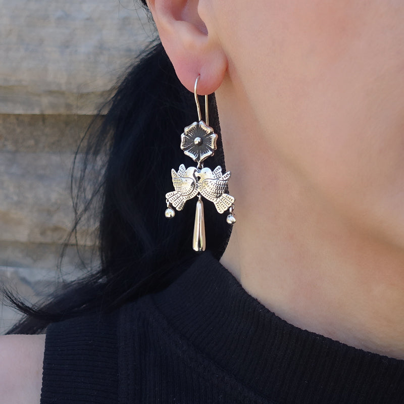 Mexican sterling silver birds and flowers earrings