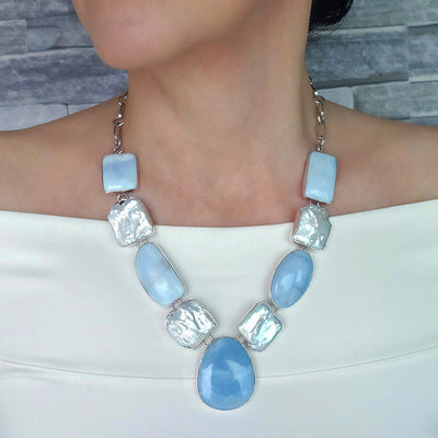 Large Pearl and  Blue Lace Agate Stone Necklace