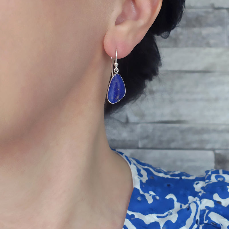 simple genuine lapis lazuli silver drop earrings