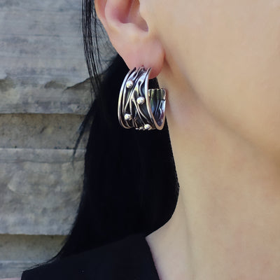 Vintage Mexican Silver Corrugated With Beads Hoop Earrings