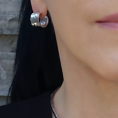 Hammered Silver Small Wide Hoop Earrings