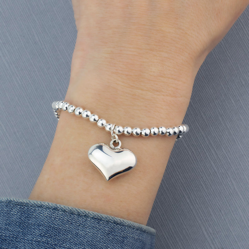 sterling silver puffy heart charm stretch bracelet