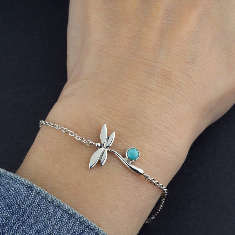 dainty sterling silver and turquoise dragonfly bracelet