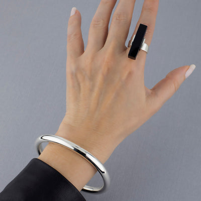 Adjustable Black Onyx Long Bar Silver Ring