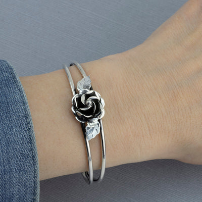 Sterling Silver Rose Flower Cuff Bracelet