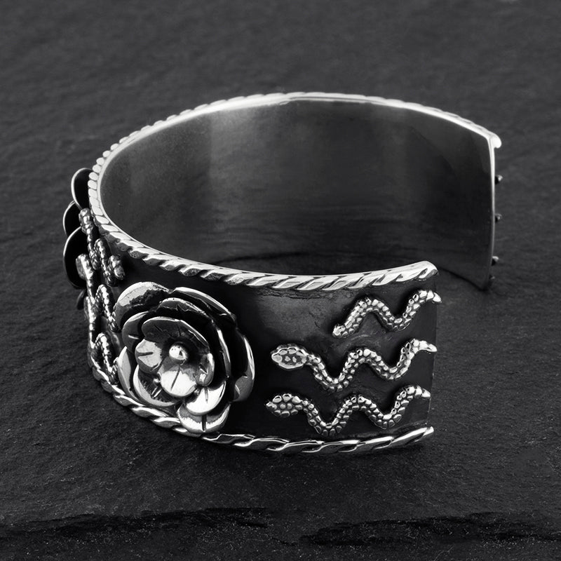 oxidized sterling silver snakes and flowers cuff bracelet
