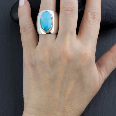 Large Sterling Silver and Oval Turquoise Wide Band Ring