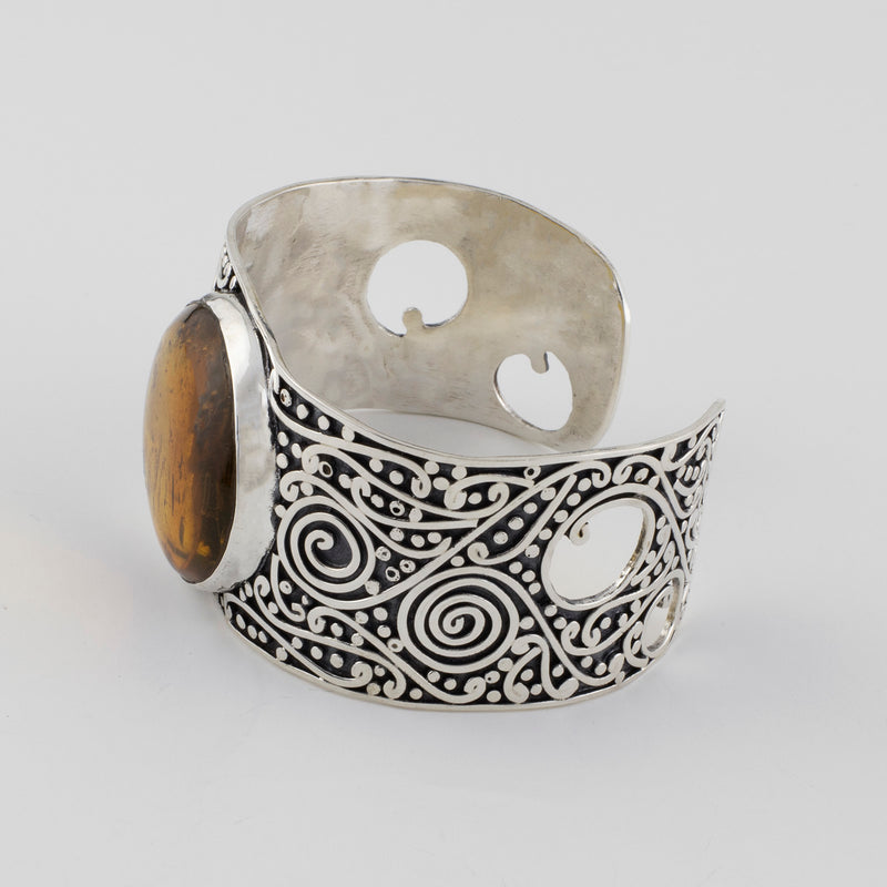 big wide Mexican silver and amber scroll cuff bracelet