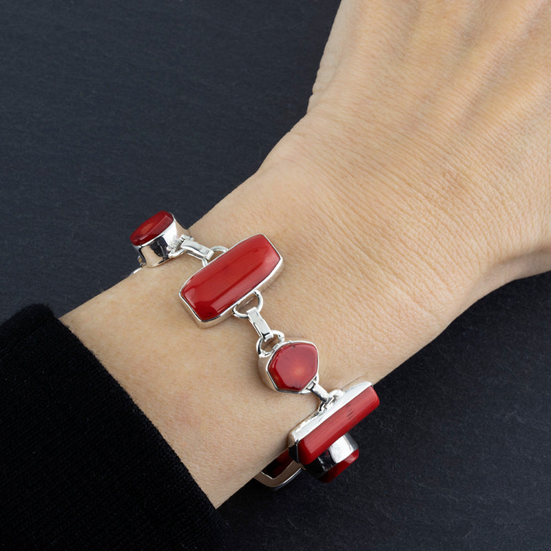 red bamboo coral silver link bracelet