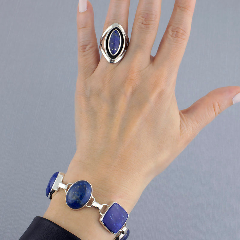 long sterling silver and lapis lazuli ring