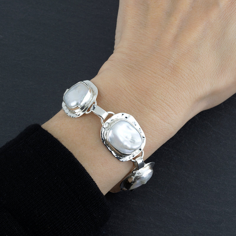 sterling silver and irregular pearl link bracelet