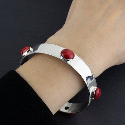 Chunky Silver and Red Coral Stone Bangle