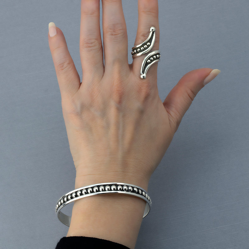 Taxco silver beaded bypass ring