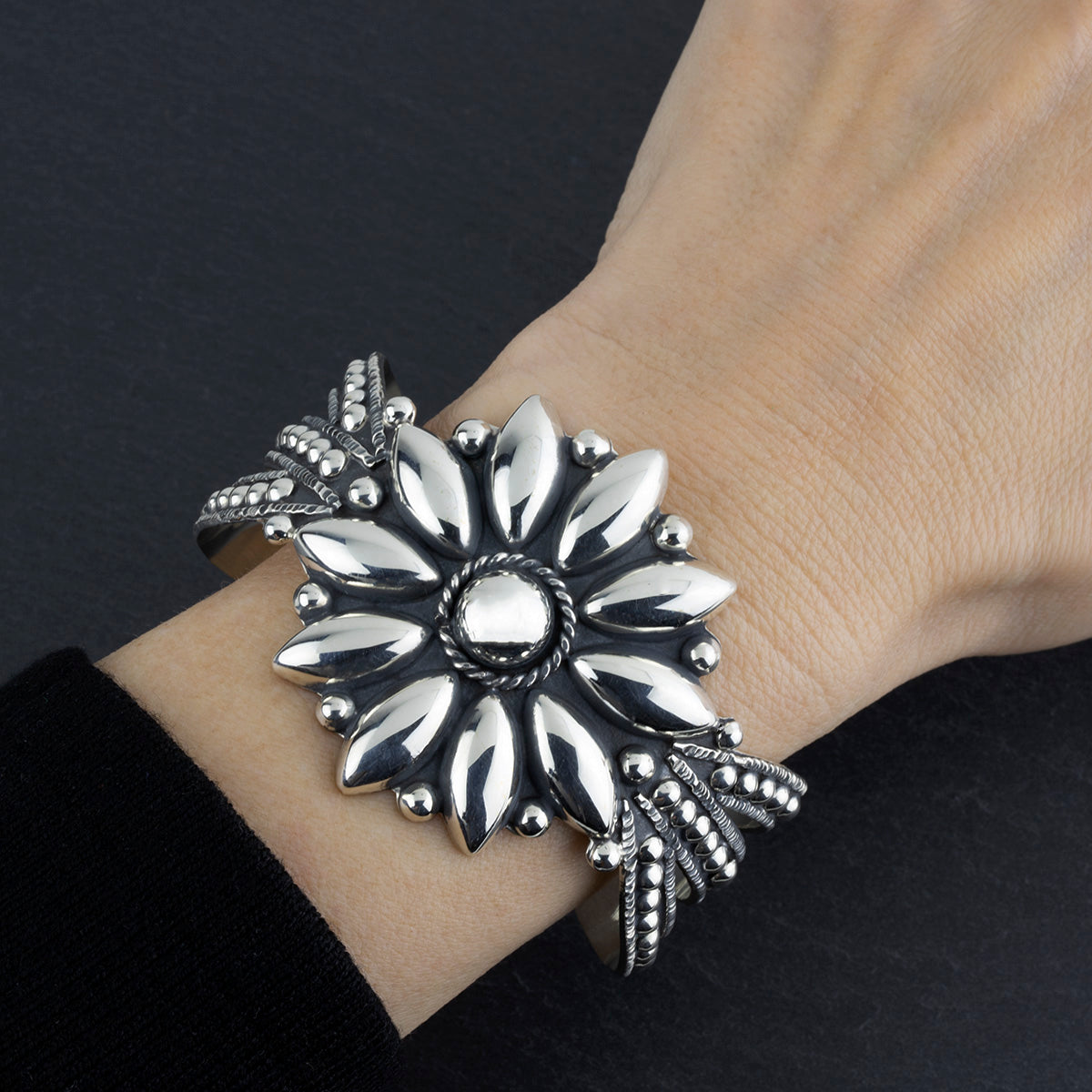 Large Mexican Silver Flower Cuff Bracelet