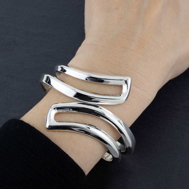 large sterling silver open bypass hinged bracelet