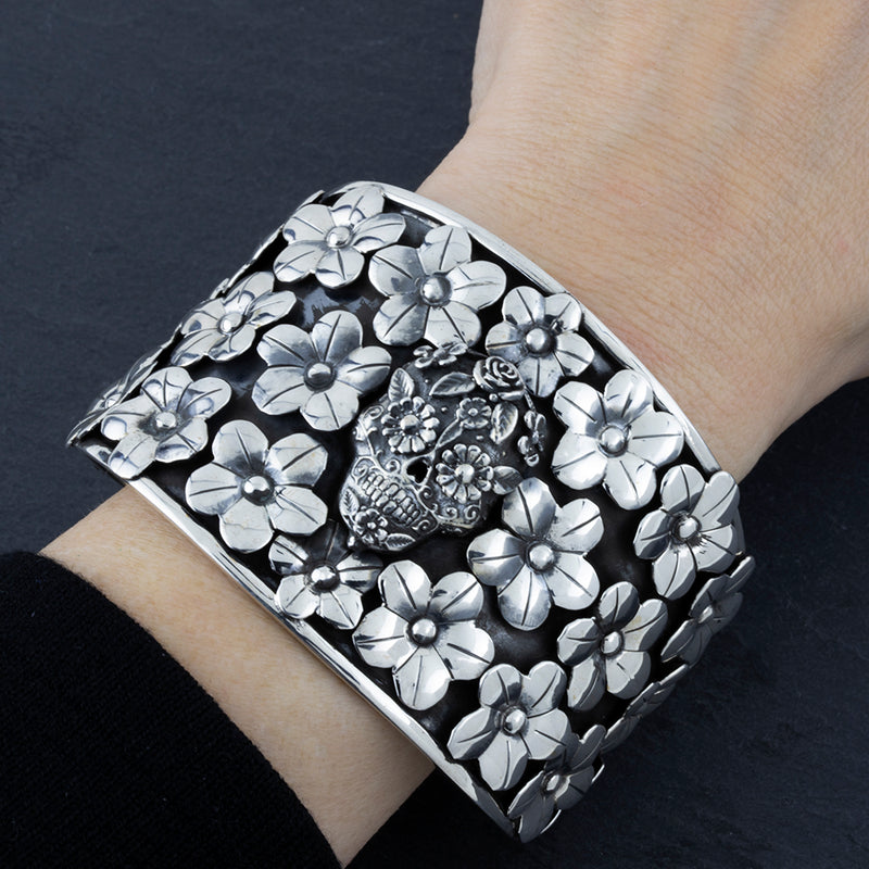 chunky Taxco silver sugar skull cuff bracelet