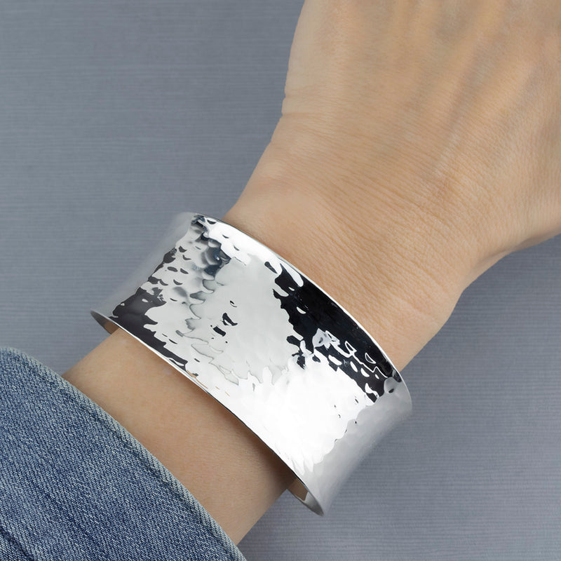 wide large hammered silver concave cuff bracelet
