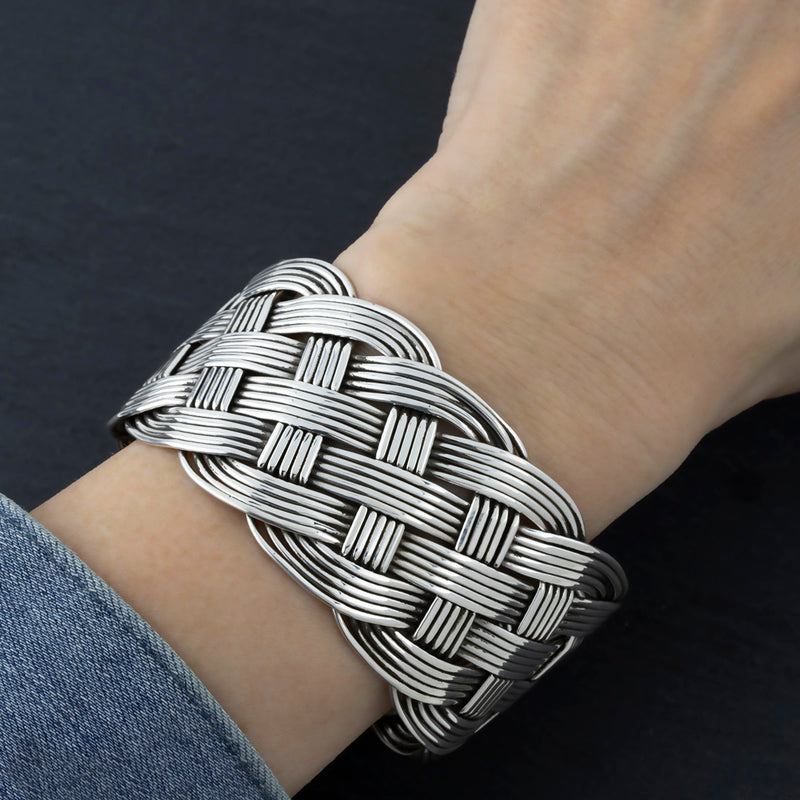 wide Taxco silver woven cuff bracelet