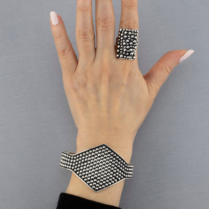 Mexican silver diamond shape dot bead cuff bracelet