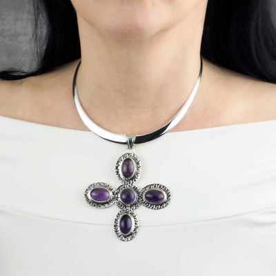 Chunky Silver and Amethyst Cross Necklace