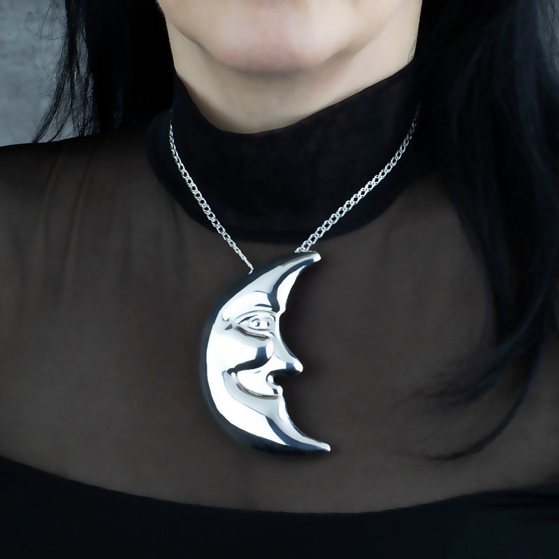 oversized sterling silver moon face necklace
