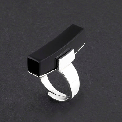 adjustable black onyx long bar silver ring