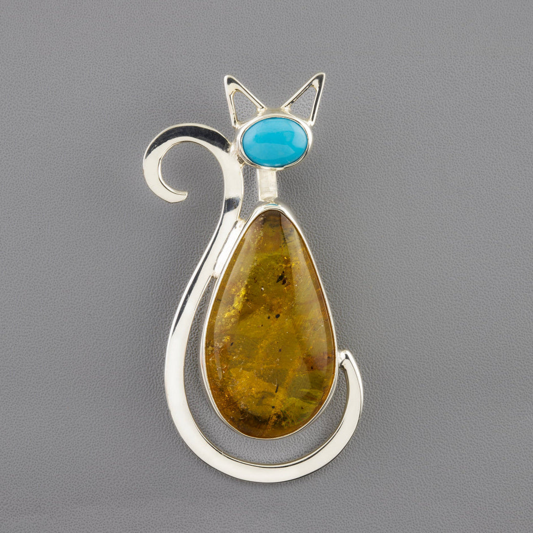 amber and turquoise cat pendant