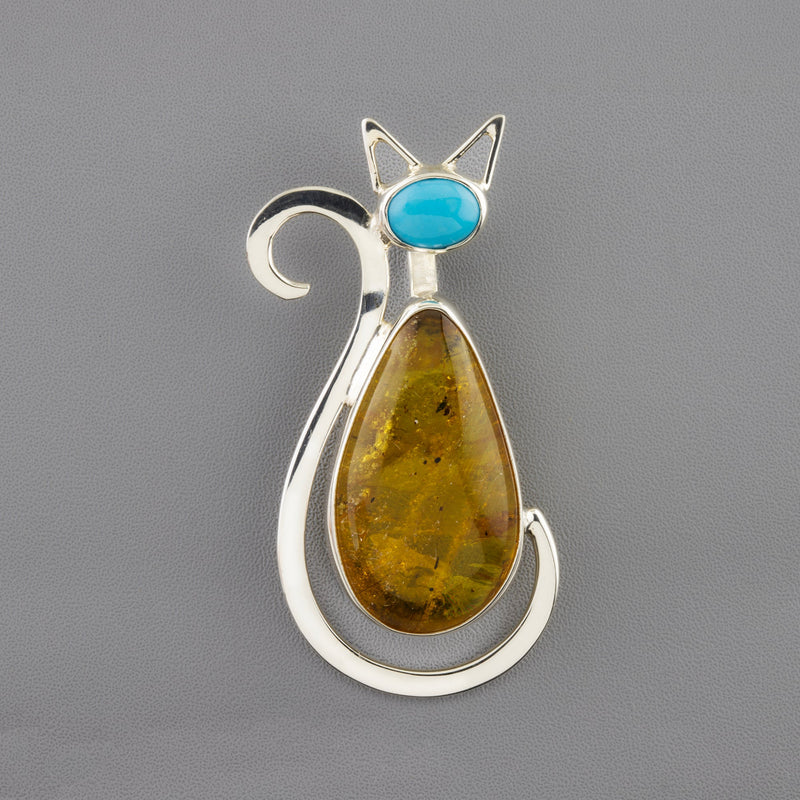amber and turquoise cat pendant