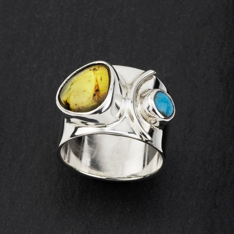 amber and turquoise stone wide band ring