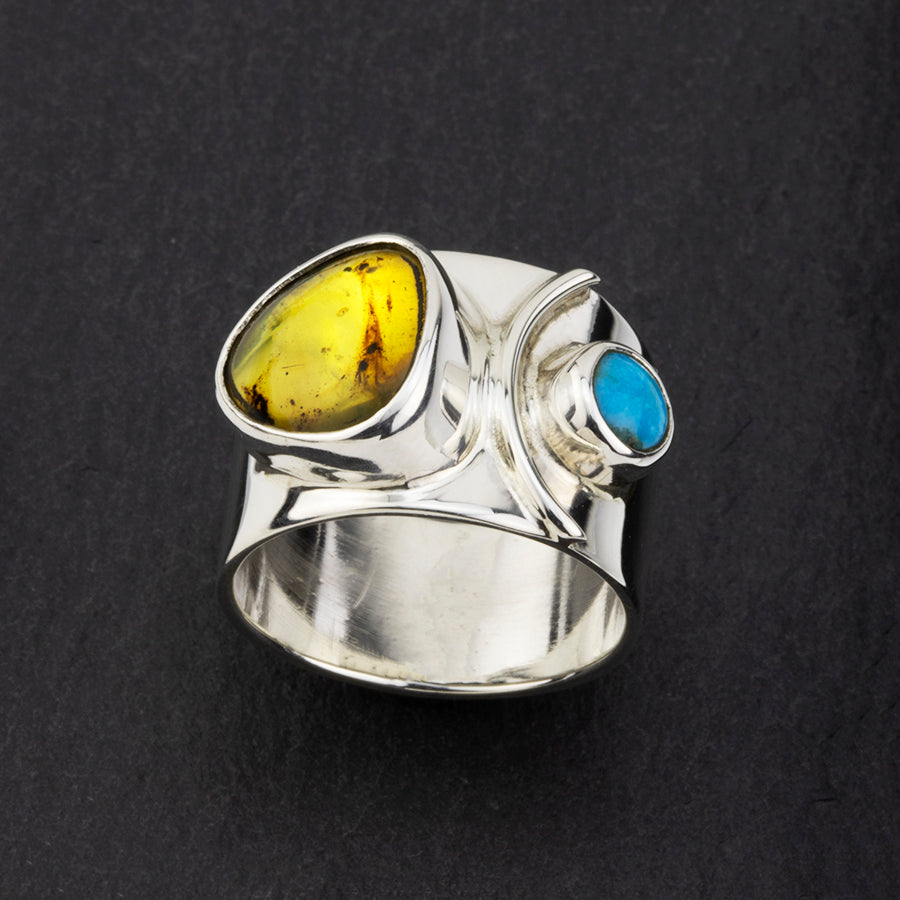 amber and turquoise wide band sterling silver ring
