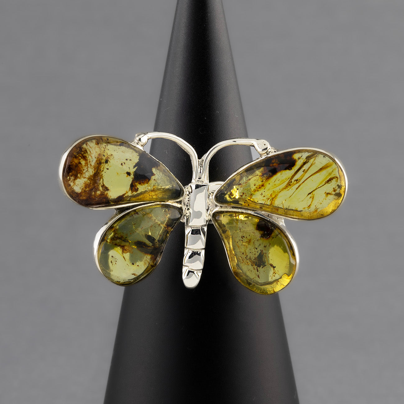 Amber Butterfly Silver Ring