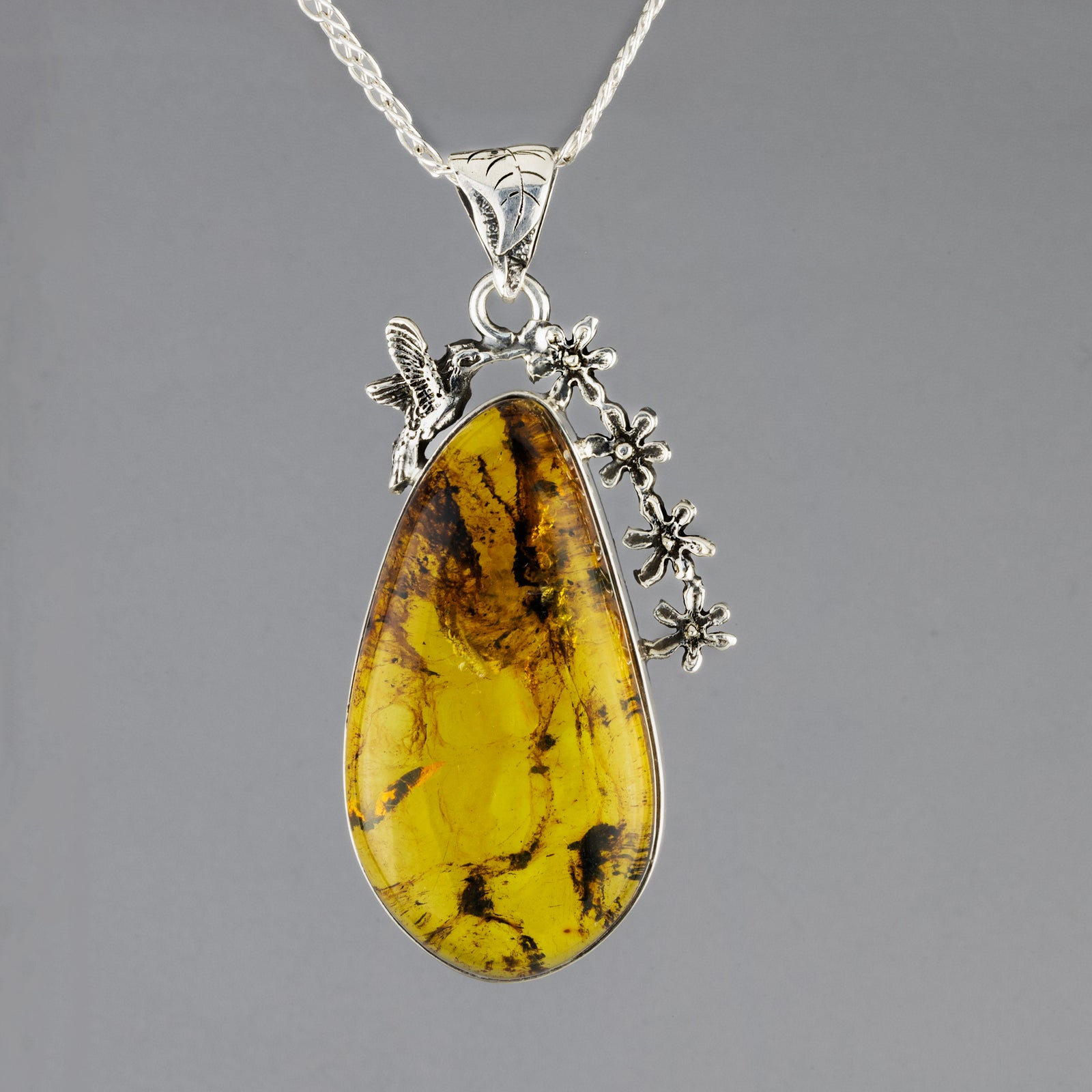 amber colibri large silver pendant