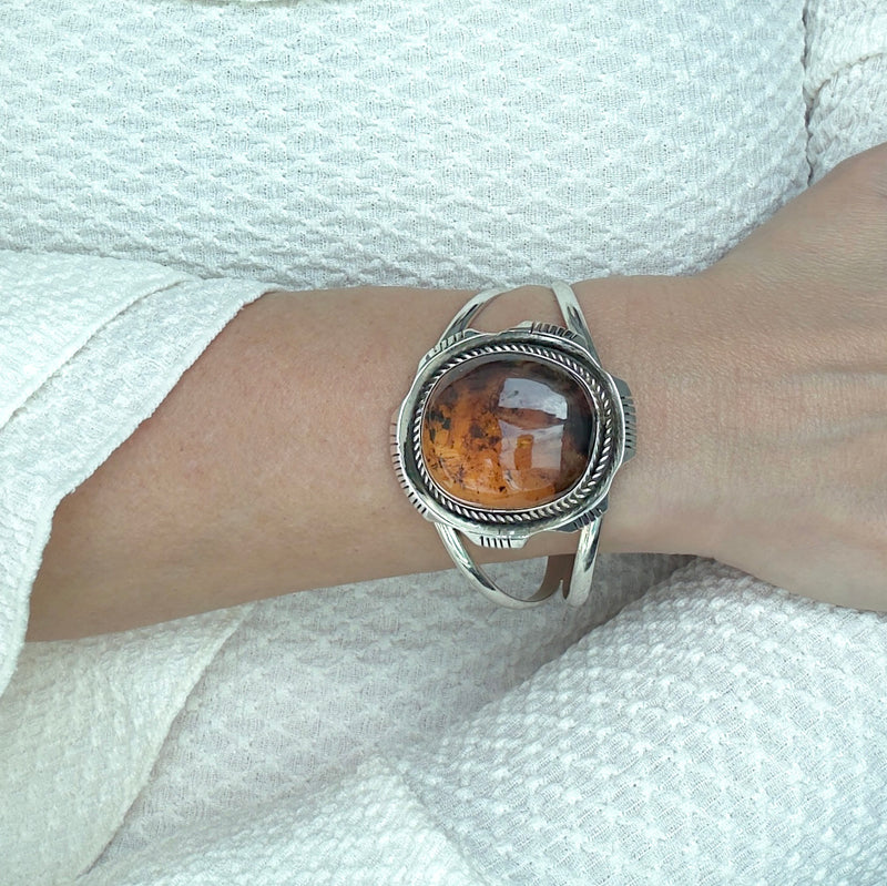 large silver and amber cuff bracelet