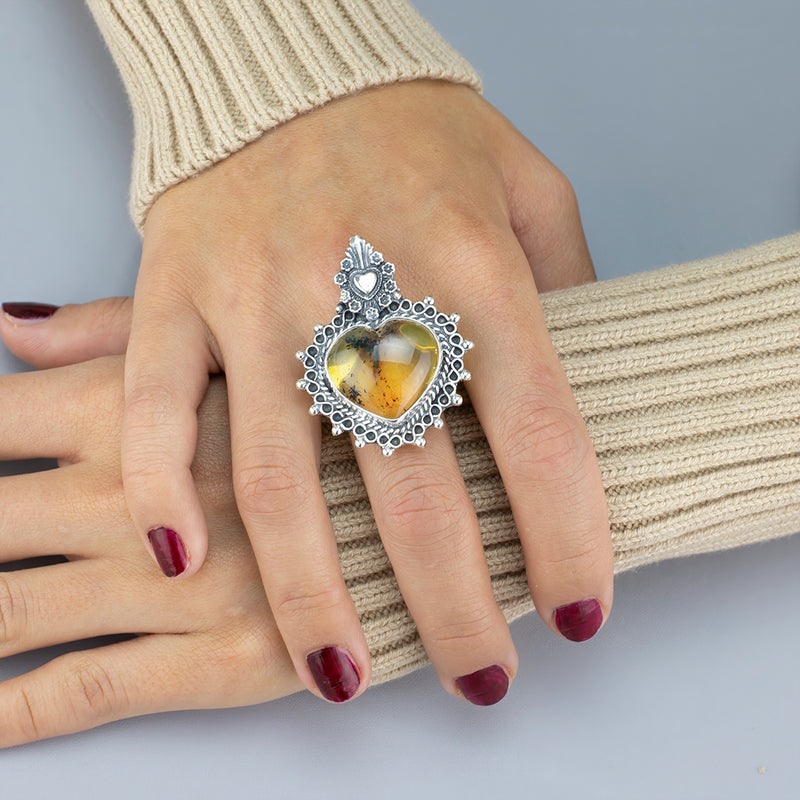large amber sacred heart statement ring